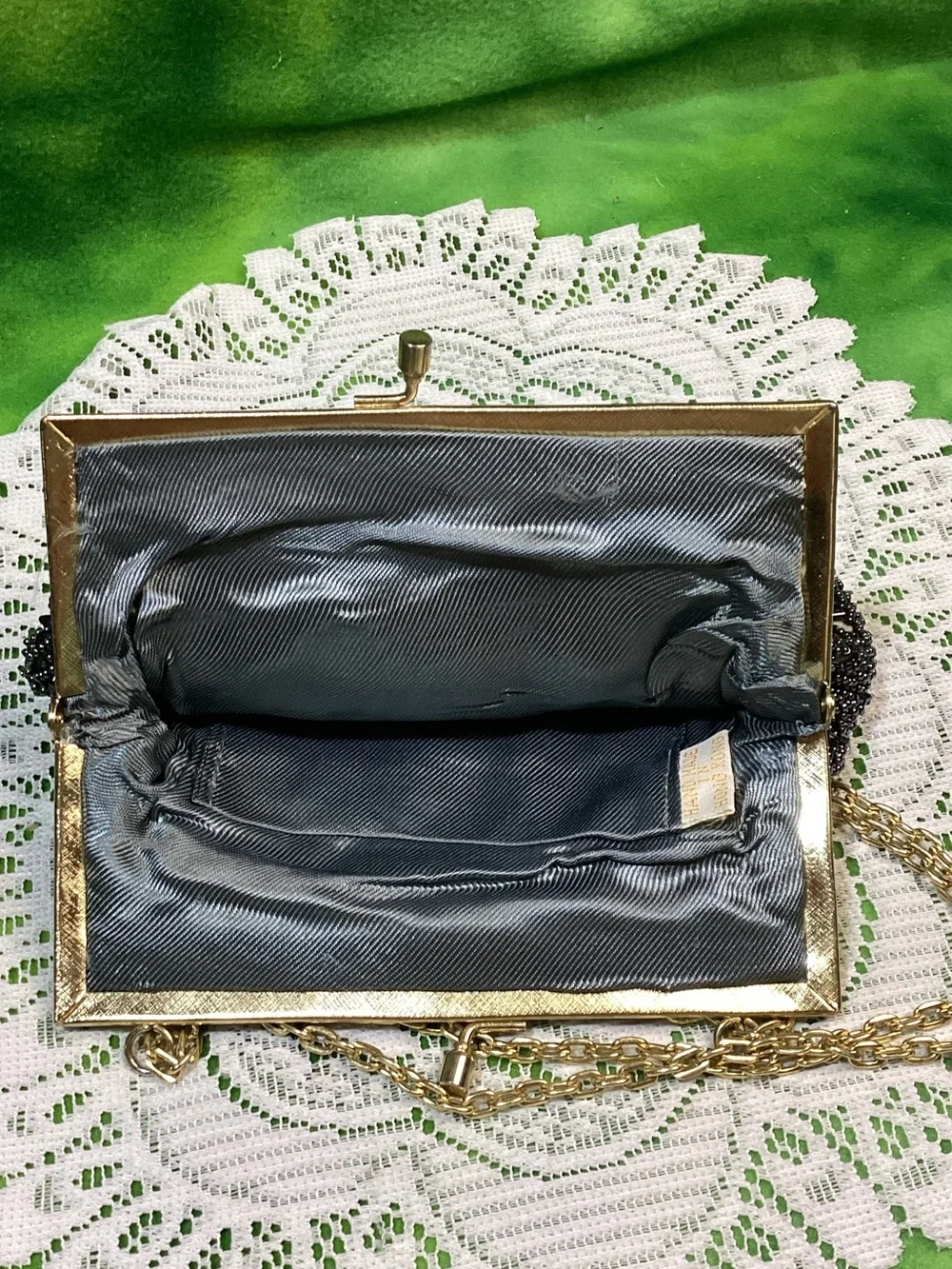 Vintage Black Beaded Evening Clutch with Gold Chain Handmade Hong Kong Kiss Lock